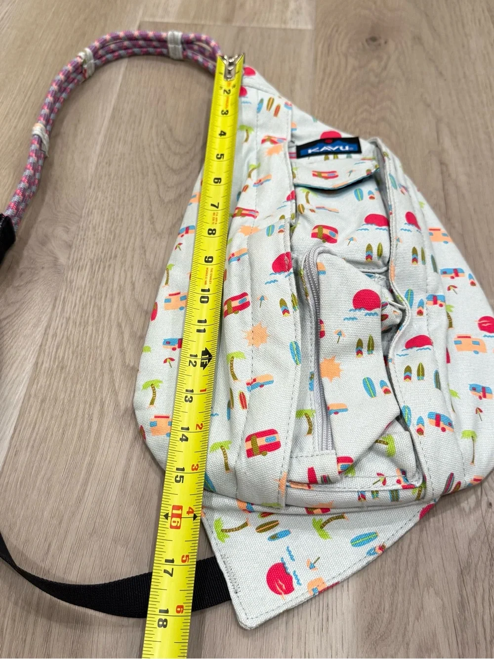 Kavu Sling Bag in Light Gray with Pink and Teal Camper Print